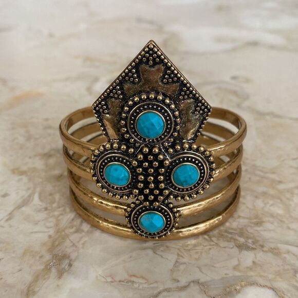 Lucky Brand Gold Tone & Faux Turquoise Boho Cuff Style Bracelet - Picture 3 of 11
